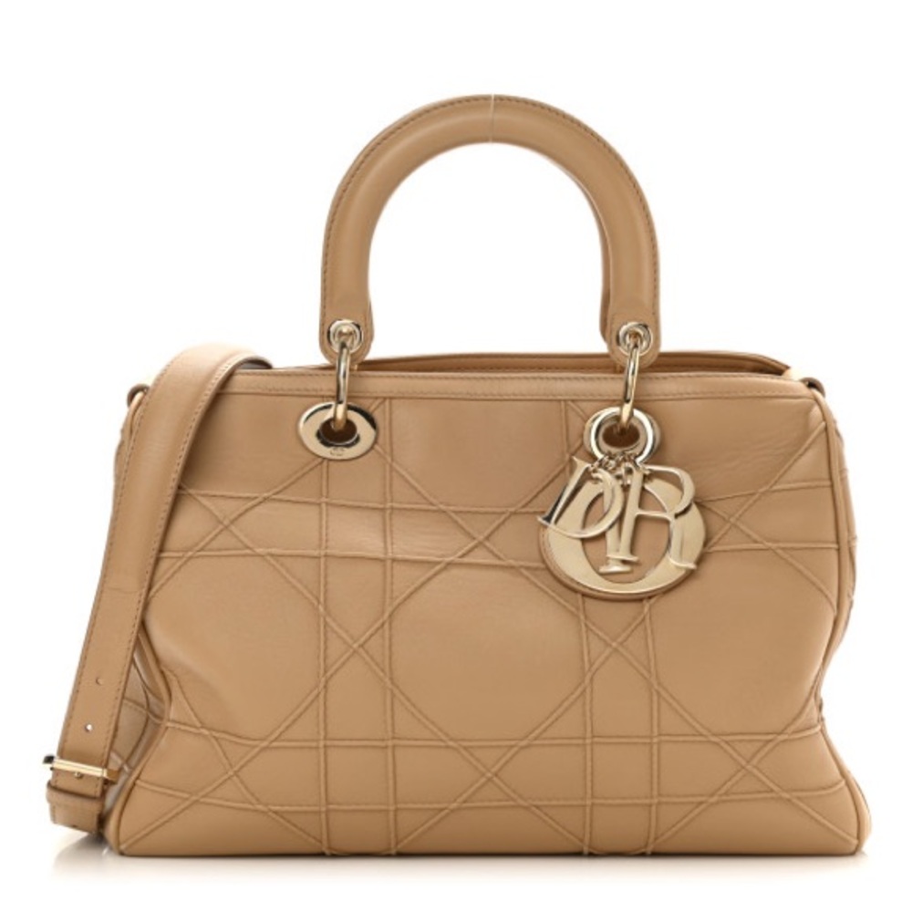 CHRISTIAN DIOR Beige Cannage Quilted Lambskin Leather Granville Polochon Bag